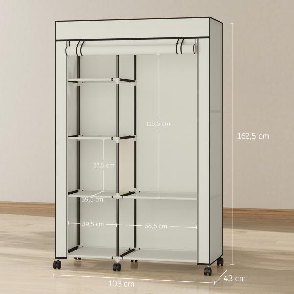 Roupeiro de Tecido Dobrável com 6 Prateleiras 1 Barra de Pendurar e Rodas para Dormitório Vestidor 103x43x162,5 cm Creme