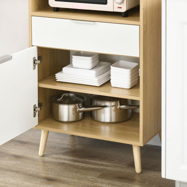 Armário para Micro - ondas em Estilo Escandinavo com Armário, Gaveta e Prateleira Ajustável, 58x40x118 cm, Natural e Branco
