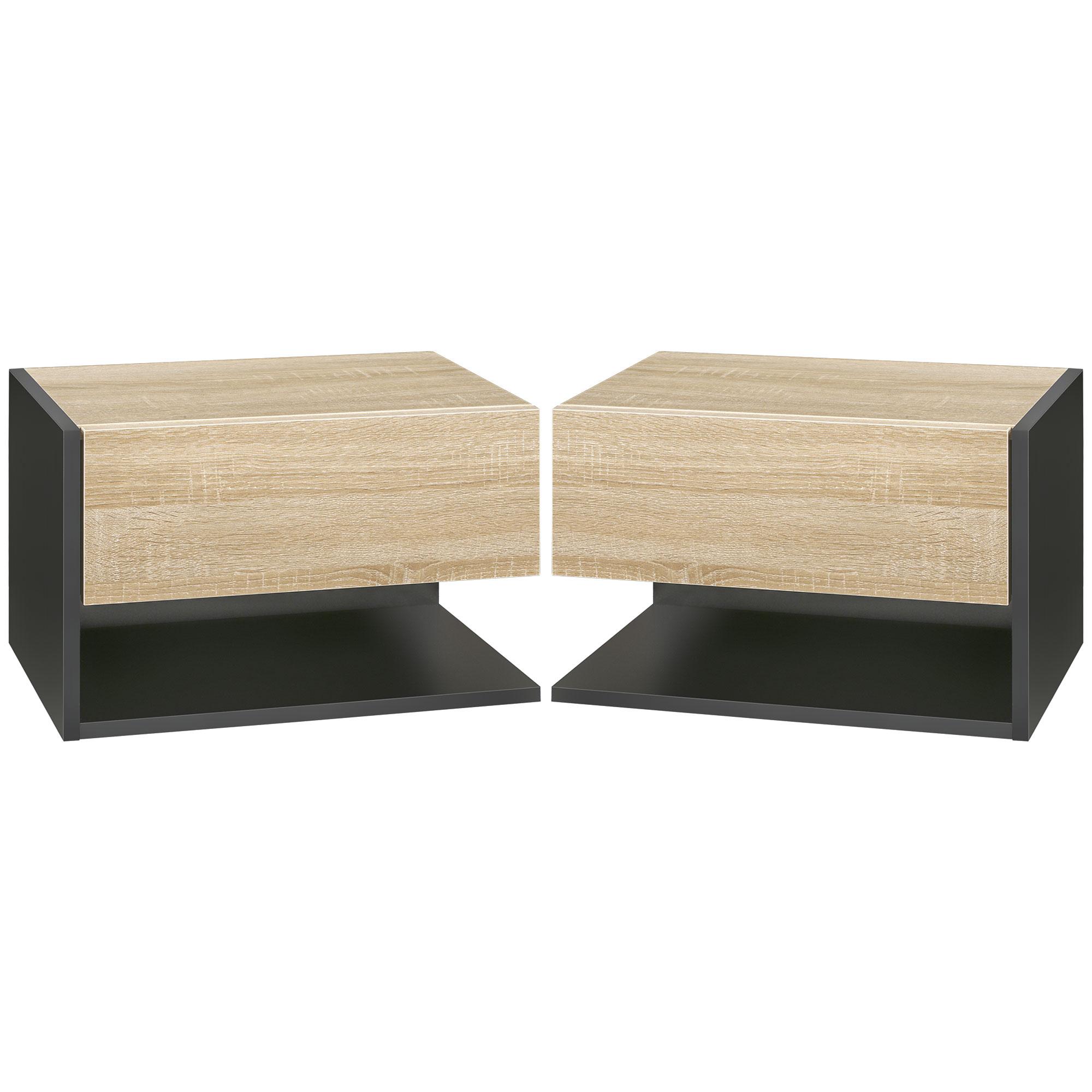 Conjunto de 2 Mesas de Cabeceira Flutuantes com 1 Gaveta e Prateleira Aberta 46x30x30 cm Carvalho e Preto