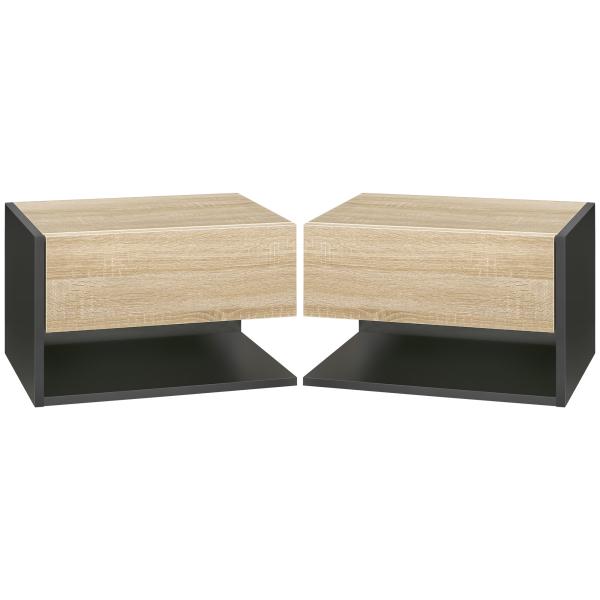 Conjunto de 2 Mesas de Cabeceira Flutuantes com 1 Gaveta e Prateleira Aberta 46x30x30 cm Carvalho e Preto