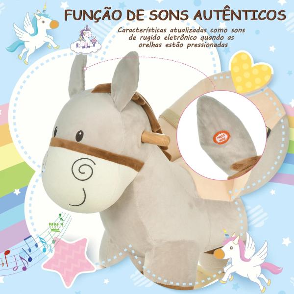 Baloiço Infantil em Forma de Burro para Bebés 18 - 36 Meses com Som Cinto de Segurança Apoio para os Pés 61x34x58 cm Cinza