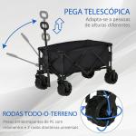 Carrinho de Transporte Dobrável com Rodas Giratórias 360° e Guiador Ajustável 59 - 89 cm para Campismo Praia 108x55x61 - 91 cm Preto