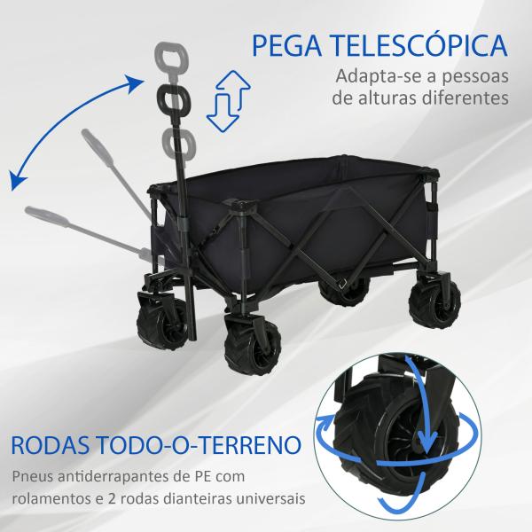 Carrinho de Transporte Dobrável com Rodas Giratórias 360° e Guiador Ajustável 59 - 89 cm para Campismo Praia 108x55x61 - 91 cm Preto