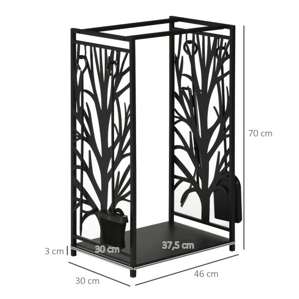 Suporte para Lenhas Suporte de Armazenamento para Lenhas 46x30x70 cm com 4 Ferramentas para Interior e Exterior Preto