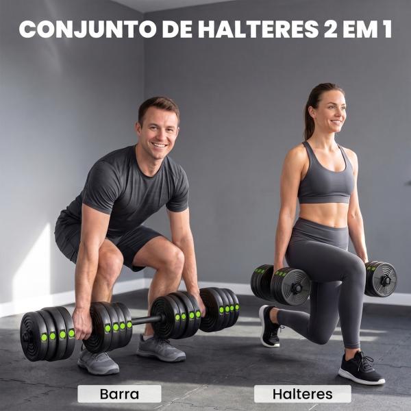 Kit de Halteres 30 kg 2 em 1 Jogo de Pesos com Barra de Pesos Pega Antiderrapante para Treino de Força Preto e Verde