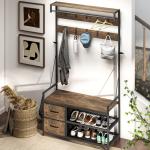 Móvel Cabide de Entrada com Banco 10 Ganchos 2 Gavetas e Barra para Pendurar Estilo Industrial 100x40x180 cm Castanho Rústico