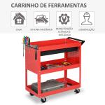 Carrinho de Ferramentas com 3 Bandejas e Gaveta Rodas com Travões Pega Lateral Painel Lateral Perfurado 82x35x76 cm Vermelho