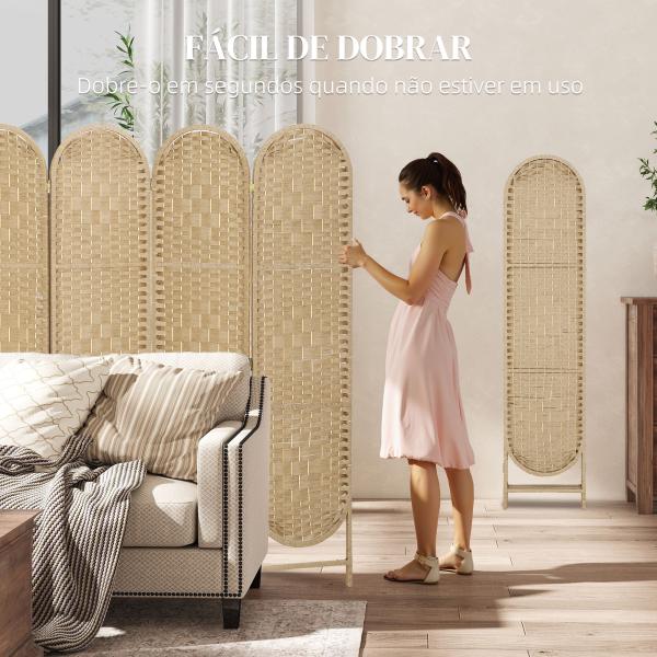 Biombo Separador de 4 Painéis 160x170 cm Painel de Privacidade Dobrável Boémio com Topo Arqueado Entrançado à Mão Madeira