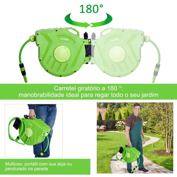 Carretel para Mangueira 15m+1,5m Enrolador de Mangueira Montado na Parede 180º Giratório 47,5x15,5x35,5cm Verde