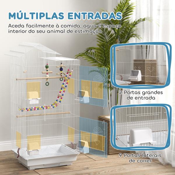 Gaiola para Passáros de Metal com Portas 4 Comedouros 3 Poleiros Baloiço Escadas e Bandeja Removível 46x36x100 cm Branco