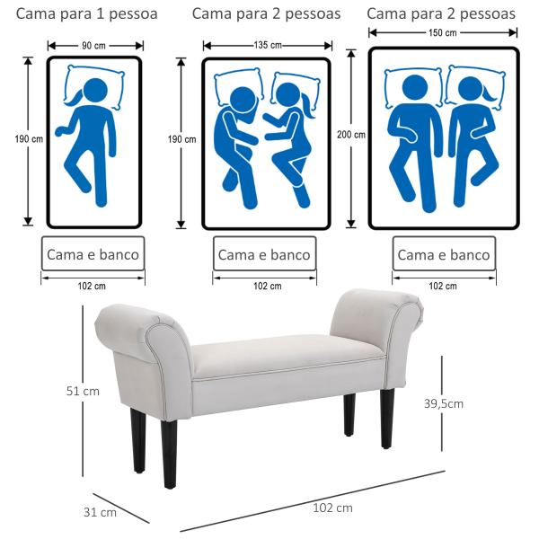 Banco de Pé de Cama Banco com Braços Curvados Estofado e Pés de Madeira Carga Máxima 130kg 102x31x51cm Creme
