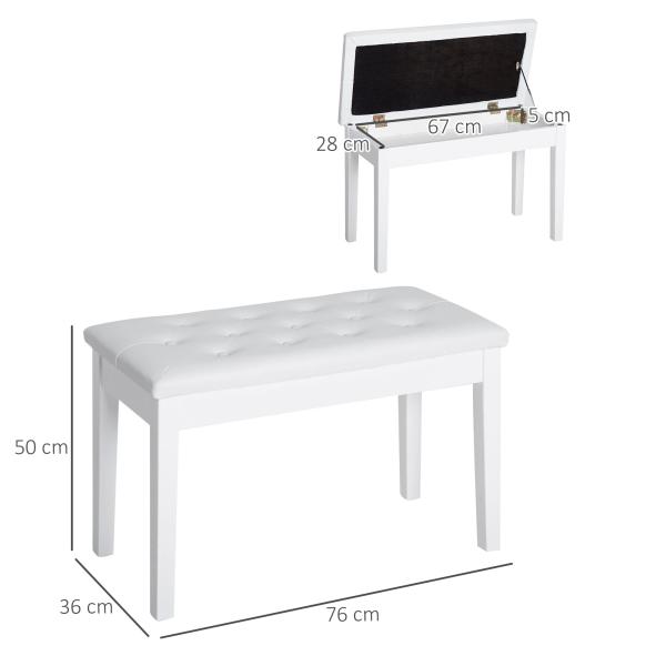 Banco de Piano Banco para Piano com Espaço de Armazenamento Assento de Couro Sintético Acolchoado 76x36x50 cm Branco