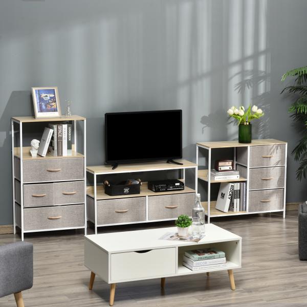 Cómoda de Estilo Industrial com Gavetas de Tecido Dobráveis e 2 Prateleiras 80x29x71 cm Madeira e Cinza Claro