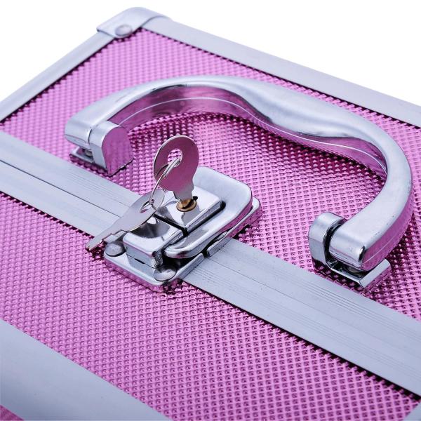 Estojo de Maquiagem Profissional Portátil de Cosméticos com Bandejas de 3 Níveis e Espelho 2 Chaves para Porta - Joias Manicure 15x15x20cm Rosa