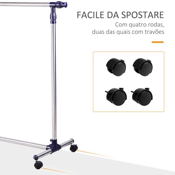 Charriot com Altura Ajustável Cabideiro com Rodas para Roupas Aço Inoxidável 86 - 160x45x95 - 170cm Prata e Preto