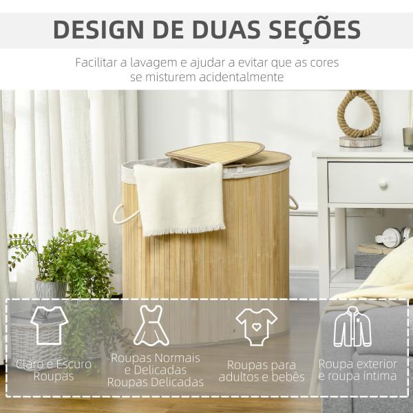 Cesto de Roupa Suja de Bambu 100L com 2 Compartimentos e Forro Removível 62,5x37x60,5 cm Madeira