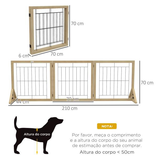 Barreira para Cães de Madeira Dobrável com 3 Painéis e Pés de Apoio Triangulares 210x44x70 cm Madeira