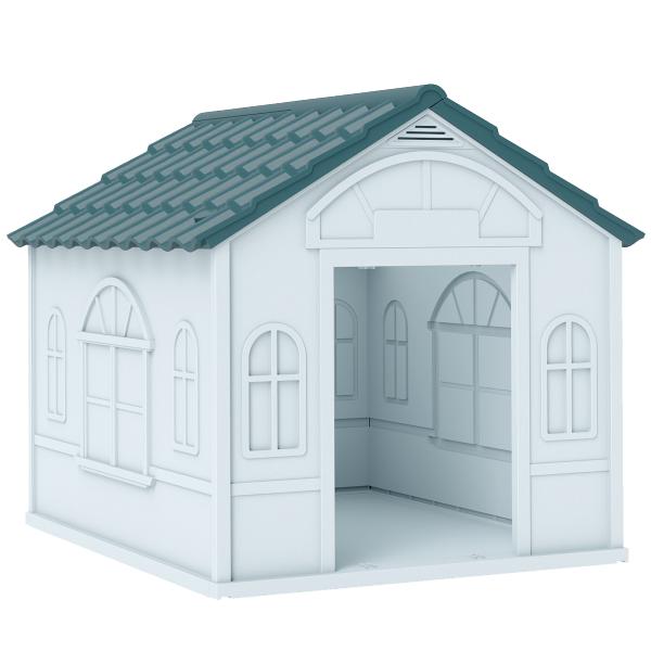 Casa para Cães 65x75,7x63 cm Casa para Cães com Janelas e Teto com Telhas de Imitação para Cães Médios Azul e Branco