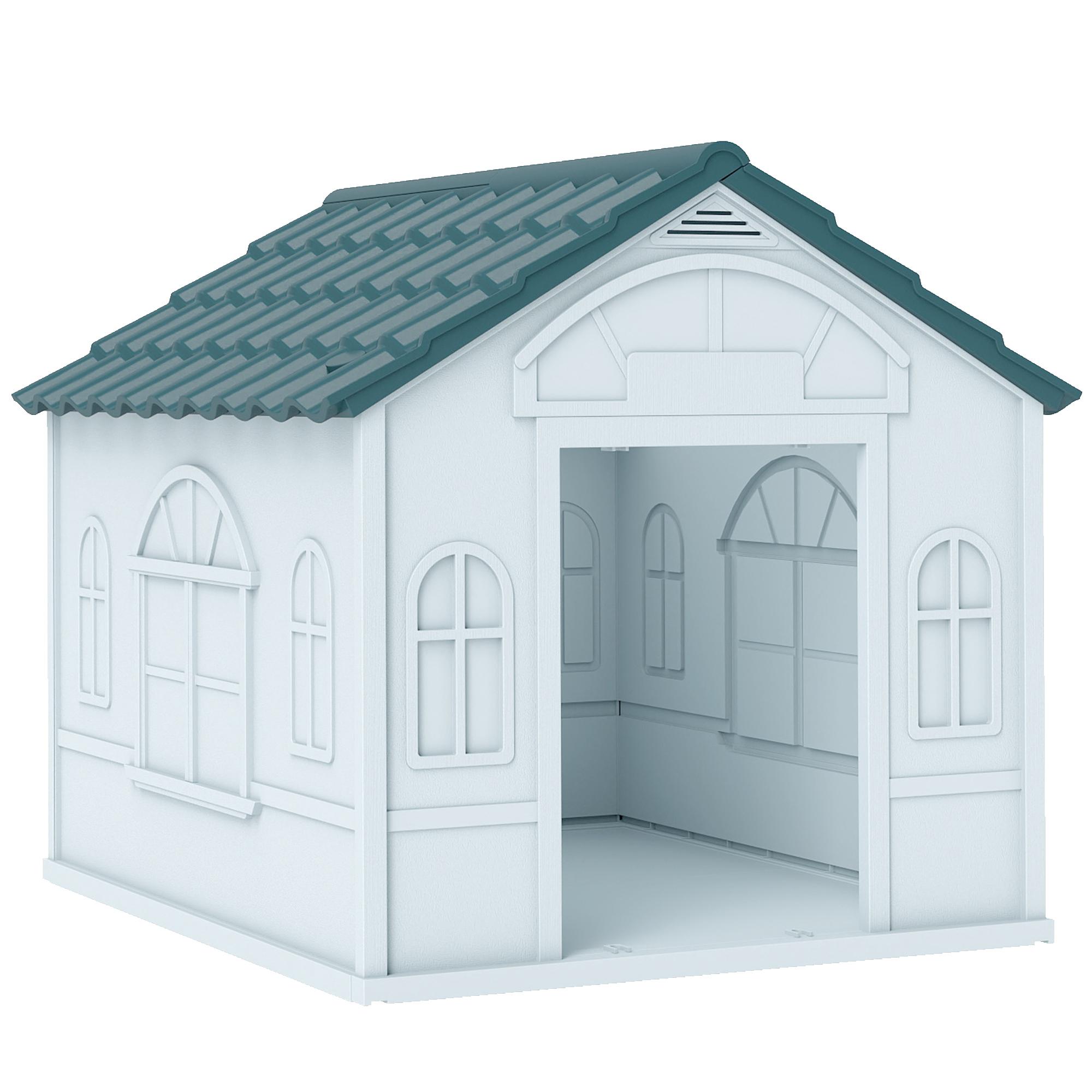 Casa para Cães 65x75,7x63 cm Casa para Cães com Janelas e Teto com Telhas de Imitação para Cães Médios Azul e Branco