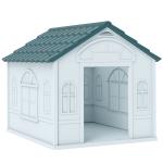 Casa para Cães 65x75,7x63 cm Casa para Cães com Janelas e Teto com Telhas de Imitação para Cães Médios Azul e Branco