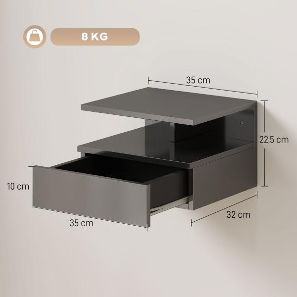 Conjunto de 2 Mesas de Cabeceira Flutuantes com Gaveta e Prateleira Aberta para Sala de Estar, 35x32x22,5 cm Preto Brilhante