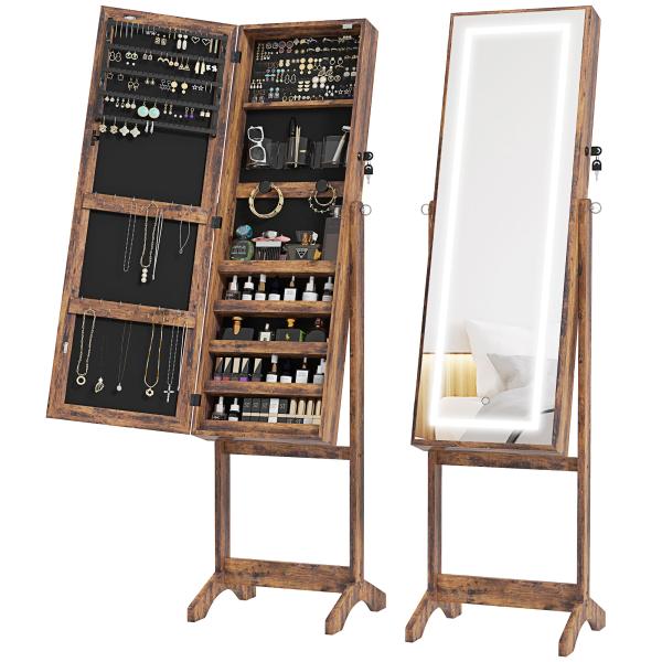 Joalheiro de Pé Armário para Jóias com Fita de Luz LED e Fechadura Magnética 46x36,5x151,5 cm Madeira