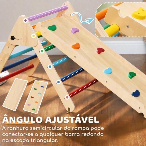 Triângulo de Escalada de Madeira 2 em 1 Escalada para Crianças de 18 - 48 Meses com Rampa para Deslizar ou Escalar 147x64,5x63 cm Multicor