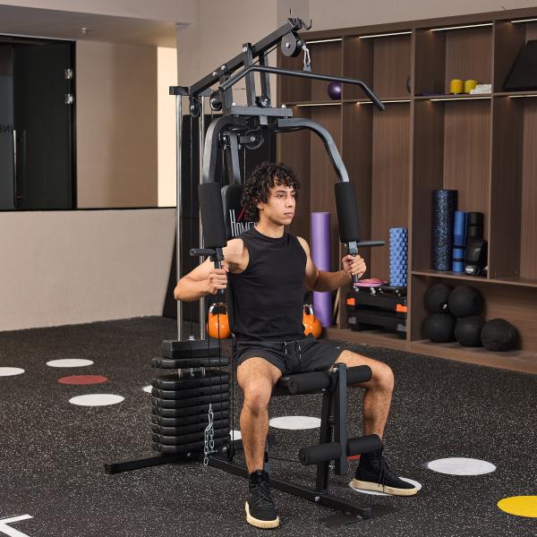 Máquina de Musculação com Pesos Ajustáveis de 45 kg, Press de Peito e Pernas, Polia, 135x103x200 cm, Preto