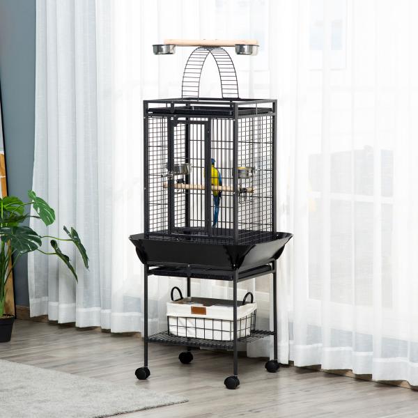 Gaiola para Pássaros com Suporte e Rodas 62,5x62,5x156cm Gaiola Metálica para Aves com Ponte de Arco 2 Poleiros 4 Comedouros 2 Bandejas Removíveis e Prateleira Inferior Cinza