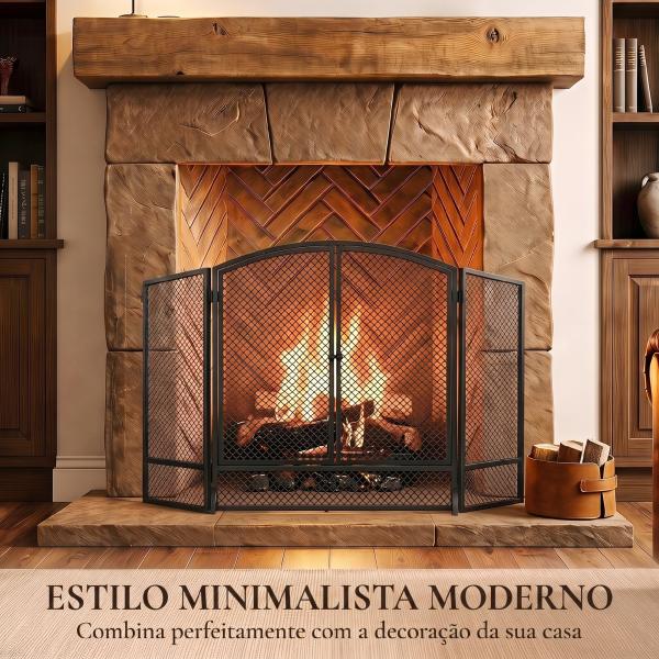 Proteção para Lareira Dobrável em Metal com 3 Painéis e Porta Dupla para Casa 122x75 cm Preto