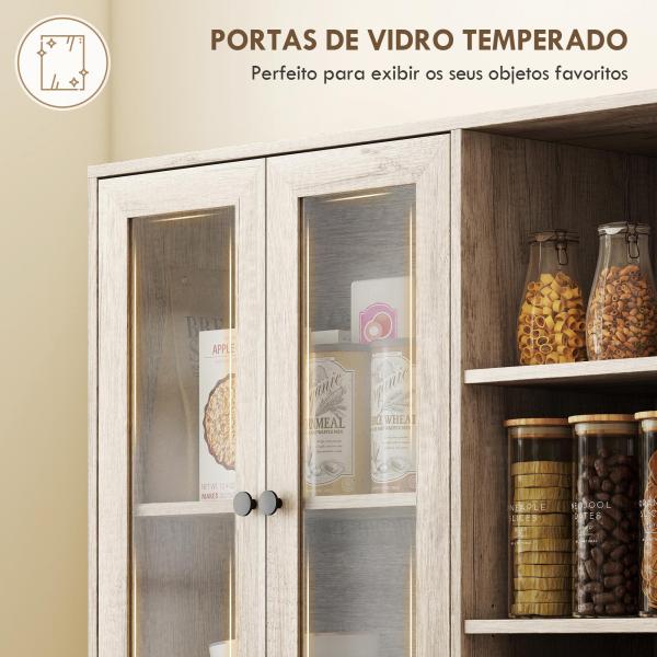 Armário de Cozinha Móvel Auxiliar de Cozinha com Prateleiras Abertas e 4 Portas de Vidro 90x35x172 cm Cinza Claro
