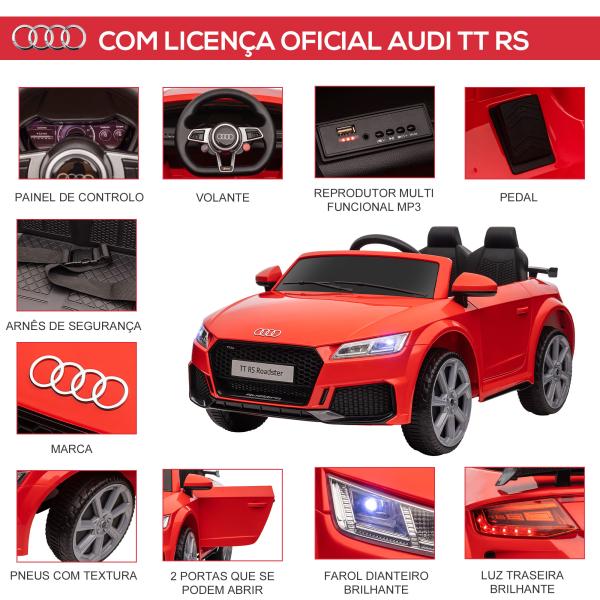 Carro Elétrico Audi TT para Crianças acima de 3 Anos com Controlo Remoto Música e Luzes Bateria 12V 102x60x44 cm Vermelho
