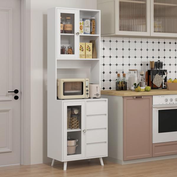Armário de Cozinha com 2 Armários com Portas de Vidro Temperado 2 Compartimentos Abertos 4 Gavetas e Prateleiras Ajustáveis 60x35x180 cm Branco