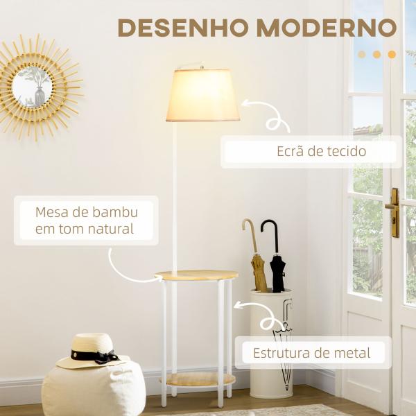 Candeeiro de Pé Moderno com Prateleira Suporte para Lâmpada E27 Máx. 40W com Ecrã de Linho Ø37x162cm Branco e Madeira