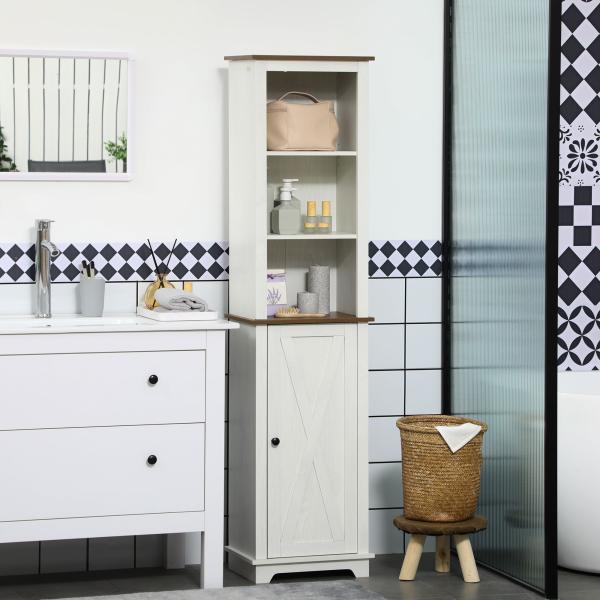 Coluna Casa de Banho com 3 Compartimentos Porta e Prateleira Ajustável 39,5x30x160 cm Branco e Madeira