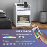 Mesa de Cabeceira com Luzes LED Gaveta Prateleira Estação de Carregamento Entrada USB e Controlo Remoto 40x40x58 cm Branco