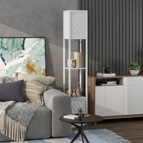 Candeeiro de Pé de Madeira com Estantes Lâmpada E27 Máx. 40W com Interruptor 26x26x156 cm Branco