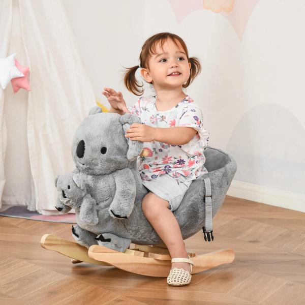 Baloiço Infantil com Forma de Coala com Fantoche para Bebés 18 - 36 Meses com Som Cinto de Segurança e Apoio para os Pés 60x33x50cm Cinza