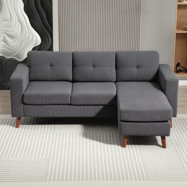 Sofá Chaise Longue Reversível Sofá de Canto em Forma de L de 3 Lugares Estofado em Veludo Cotelê 192x137x84 cm Cinzento Escuro