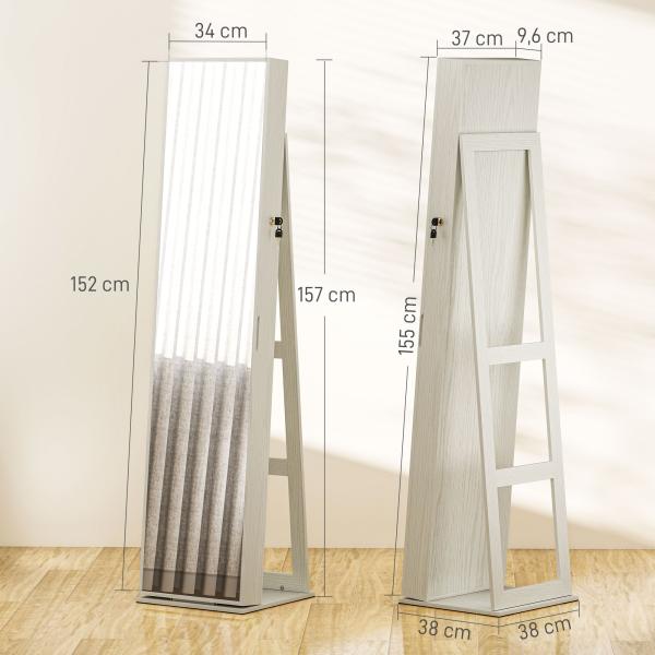 Joalheiro de Pé Armário para Joias com 6 Luzes LED Fechadura Prateleiras Suportes para Anéis 38x38x157 cm Branco e Bege