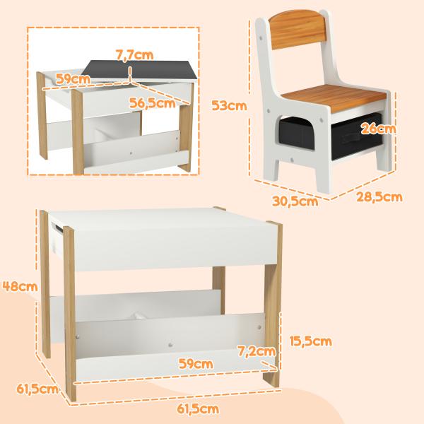 Mesas e Cadeiras Infantis Conjunto 2 em 1 com Armazenamento Mesa 61,5x61,5x48 cm Cadeiras 28,5x30,5x53 cm para Quarto Dormitório Cinza