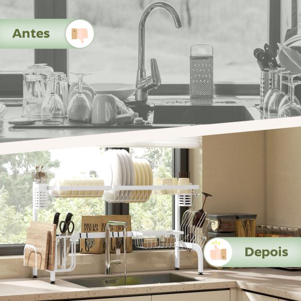 Escorredor de Louça de Aço de 2 Níveis com Prateleira para Pratos Suporte para Facas e Talheres 100x30x54,5 cm Branco