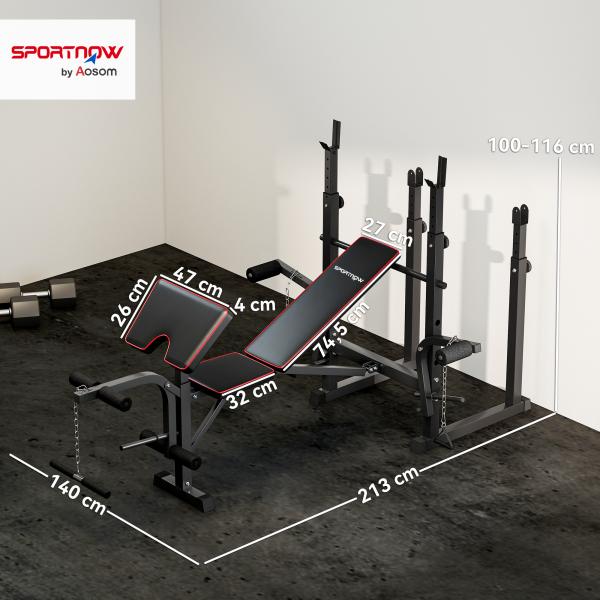 Banco de Musculação Dobrável Banco Multifunções com Suportes para Barras e Encosto Ajustável para Treino Completo de Corpo Preto