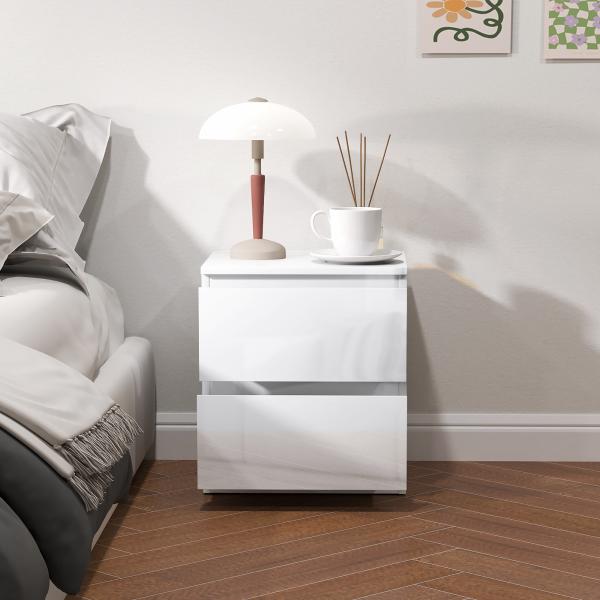 Mesa de Cabeceira Moderna Mesa de Cabeceira com 2 Gavetas Mesa de Cabeceira para Dormitório 40x34x45 cm Branco Brilhante
