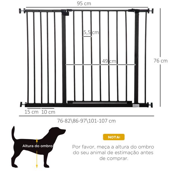 Barreira de Segurança para Animais de Estimação Extensível para Escadas e Portas Barreira de Segurança para Cães 76 - 107x76 cm Preto