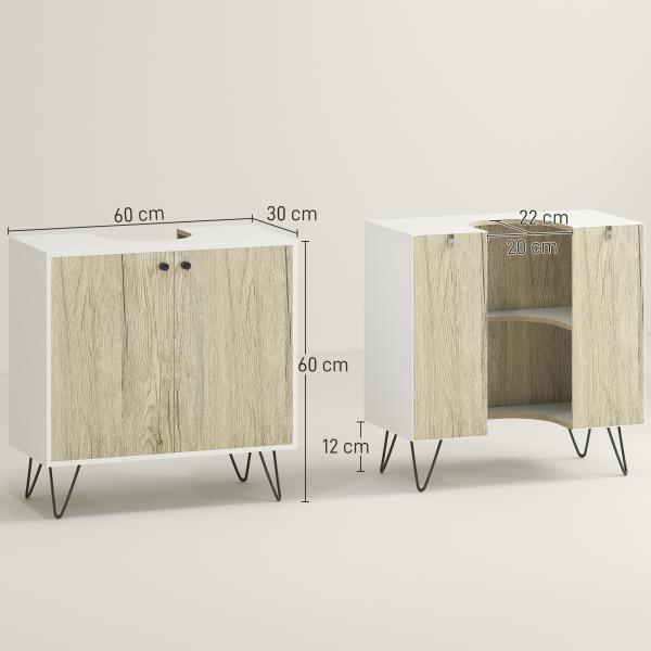 Móvel para Lavatório Pousar de Madeira com 2 Portas Prateleira e Pés de Aço 60x30x60cm Carvalho e Branco