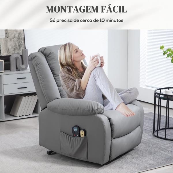 Poltrona Relax Levanta Pessoas com 8 Pontos de Massagem Reclinável com Função de Aquecimento 89x93x105 cm Cinza