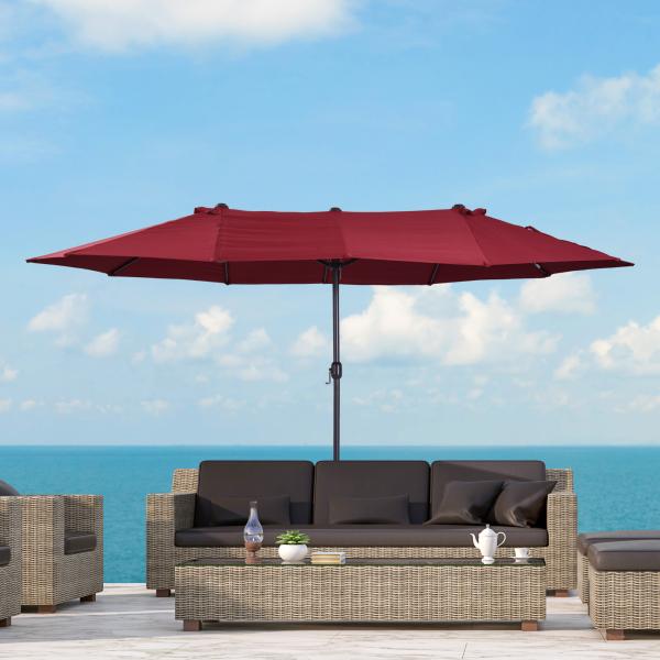 Chapéu de Sol Duplo 4,55x2,68x2,38 m Chapéu de Sol de Jardim com Manivela Manual Resistente à Água e com Proteção Solar UV para Terraço Pátio Vinho