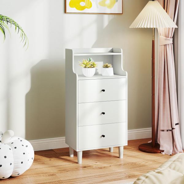 Cómoda com 3 Gavetas Cómoda de Quarto Estreita com Prateleiras Abertas Anti - Tombo Gaveteiro Alto 47x29x95 cm Branco Acinzentado