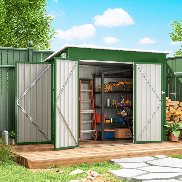 Abrigo de Jardim Exterior 2,7 m² 234x132x185 cm com Três Portas Fechadura e Grelhas de Ventilação Verde